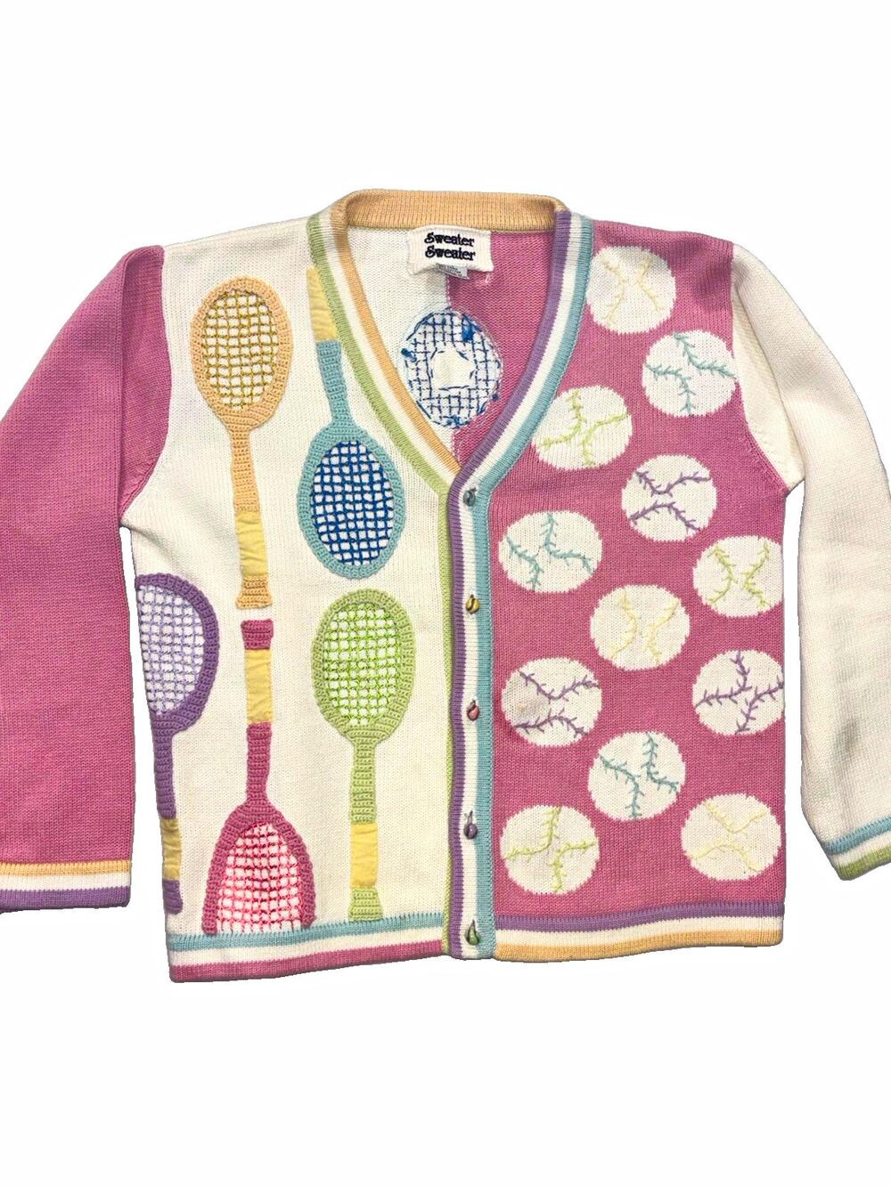 Sweater Sweater Womens M Tennis Racket Ball Applique Cardigan Grandmacore